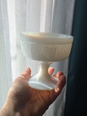 White Milk Glass Compote Dish with Grape Motif